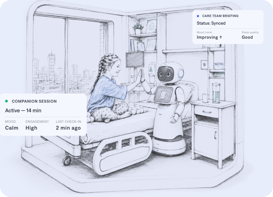 Physical AI companion robot at pediatric hospital bedside