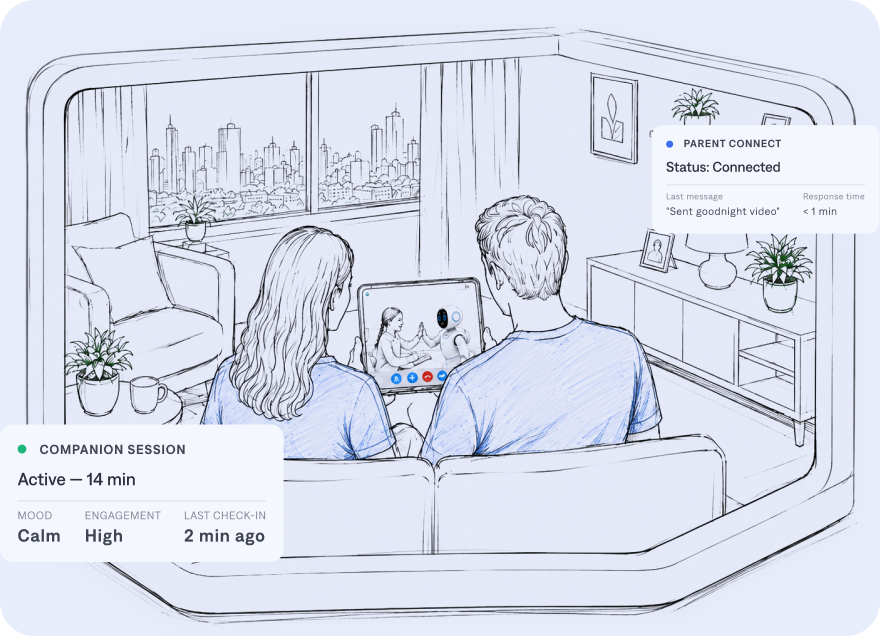 Parent video calling child through hospital companion robot app