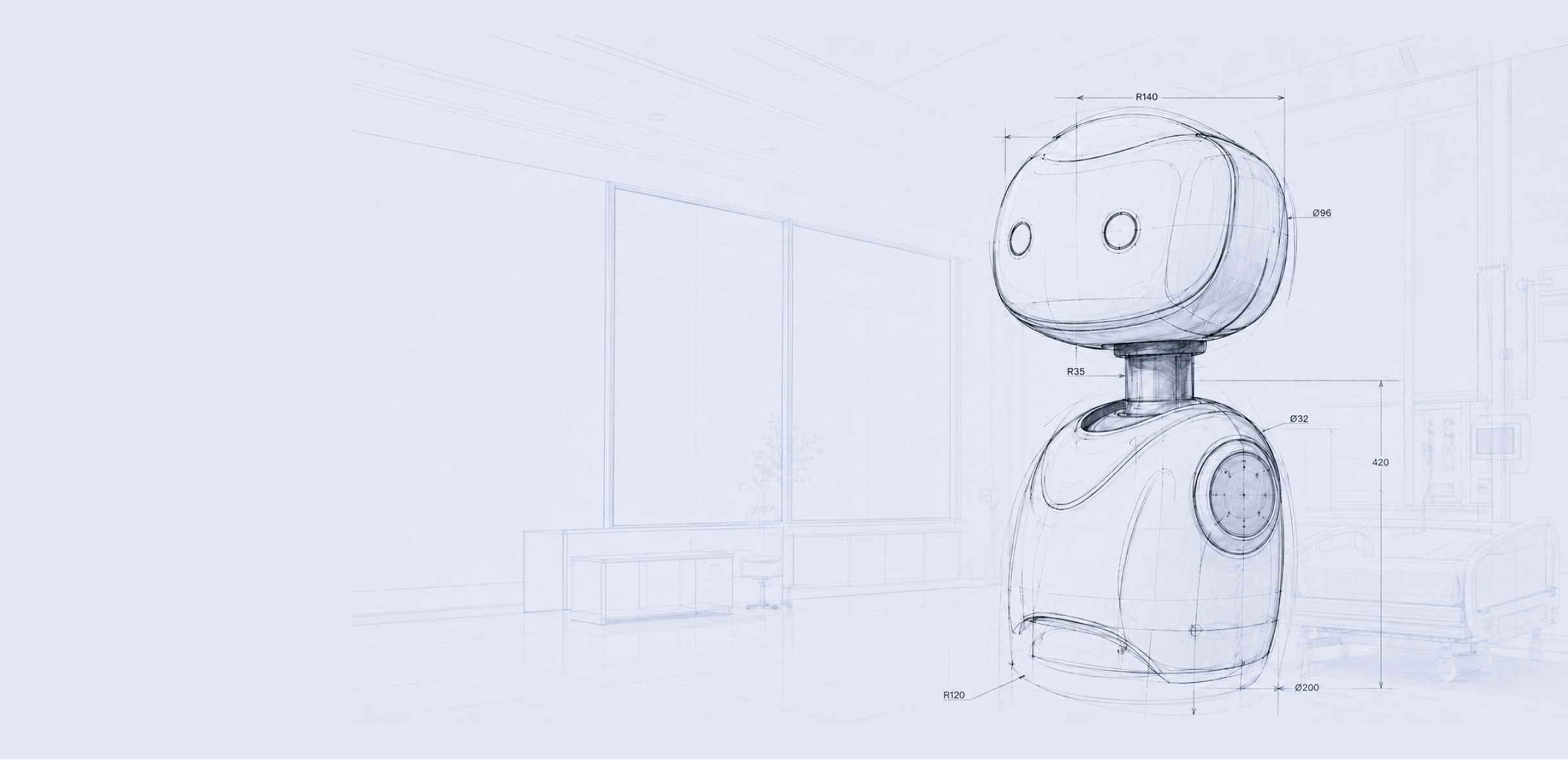 Blueprint style illustration of the L37 pediatric companion robot in a hospital room